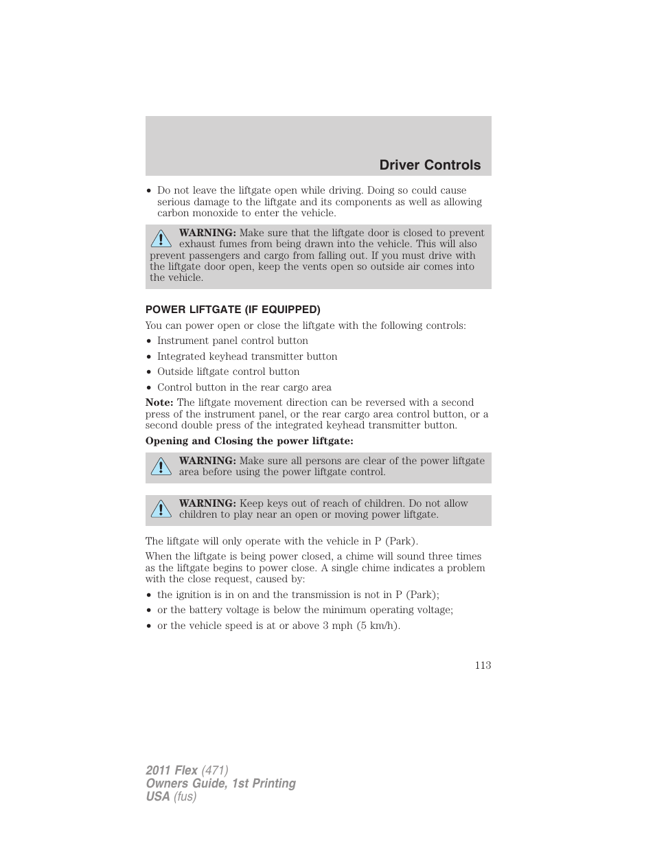 Power liftgate (if equipped), Driver controls | FORD 2011 Flex v.1 User Manual | Page 113 / 418
