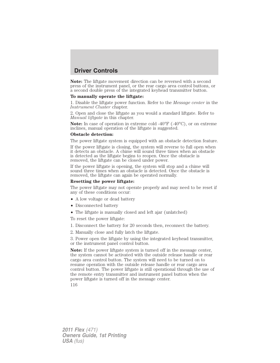 Driver controls | FORD 2011 Flex v.1 User Manual | Page 116 / 418