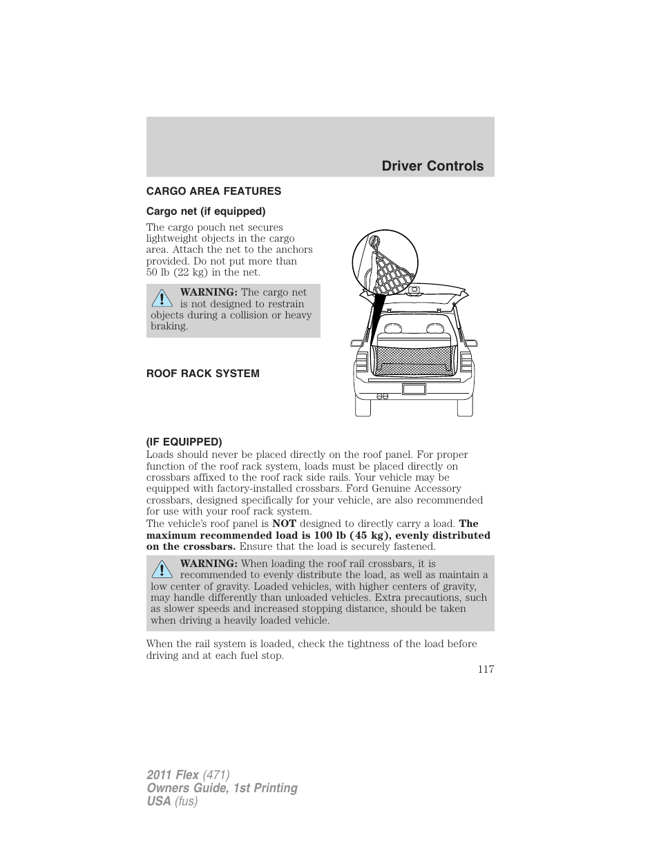 Cargo area features, Cargo net (if equipped), Roof rack system (if equipped) | Driver controls | FORD 2011 Flex v.1 User Manual | Page 117 / 418