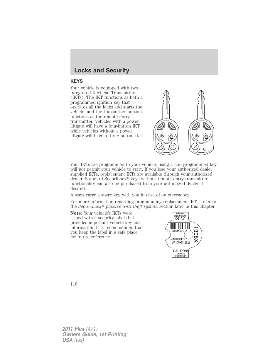 Locks and security, Keys | FORD 2011 Flex v.1 User Manual | Page 118 / 418