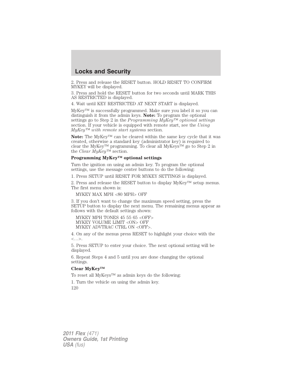 Locks and security | FORD 2011 Flex v.1 User Manual | Page 120 / 418