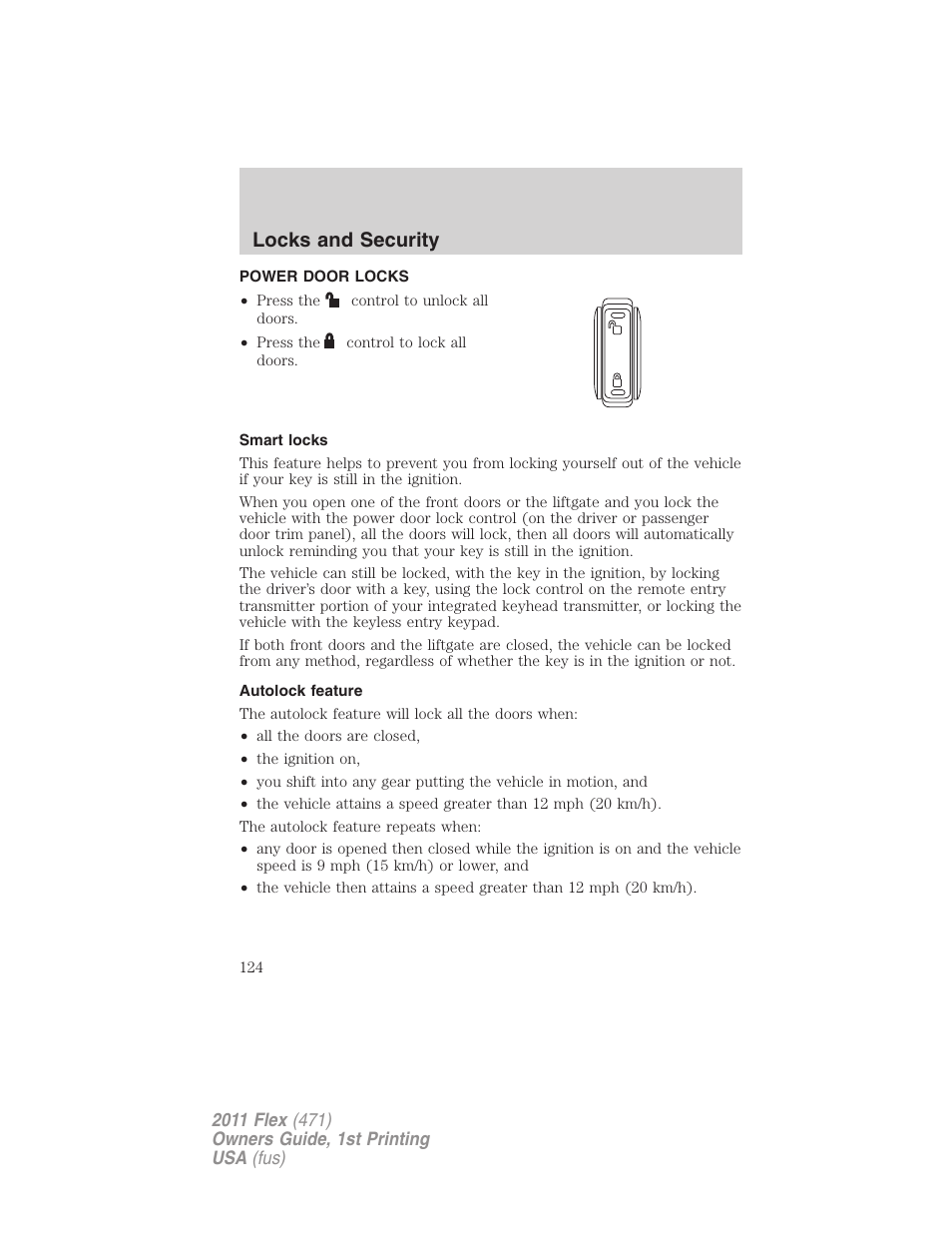 Power door locks, Smart locks, Autolock feature | Locks, Locks and security | FORD 2011 Flex v.1 User Manual | Page 124 / 418