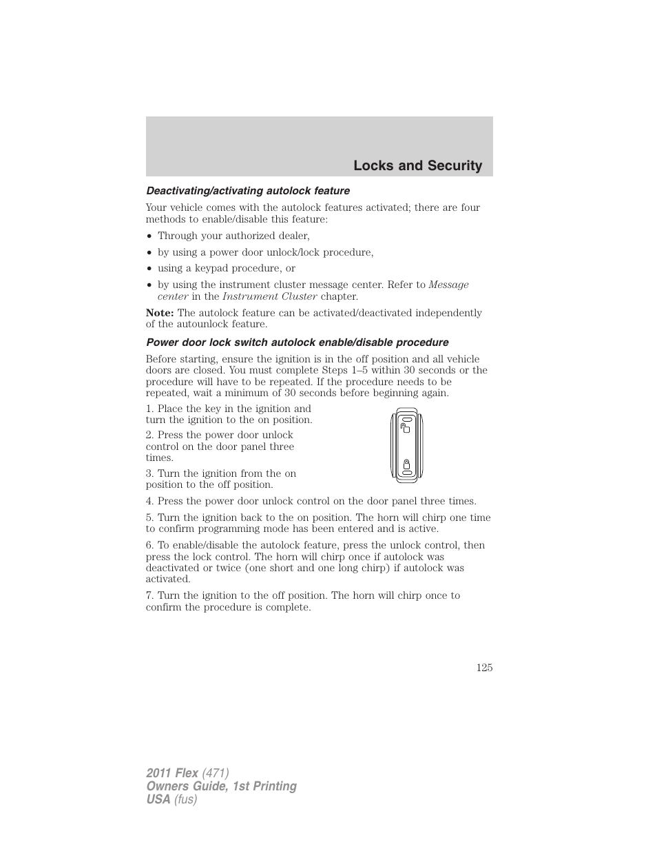 Deactivating/activating autolock feature, Locks and security | FORD 2011 Flex v.1 User Manual | Page 125 / 418