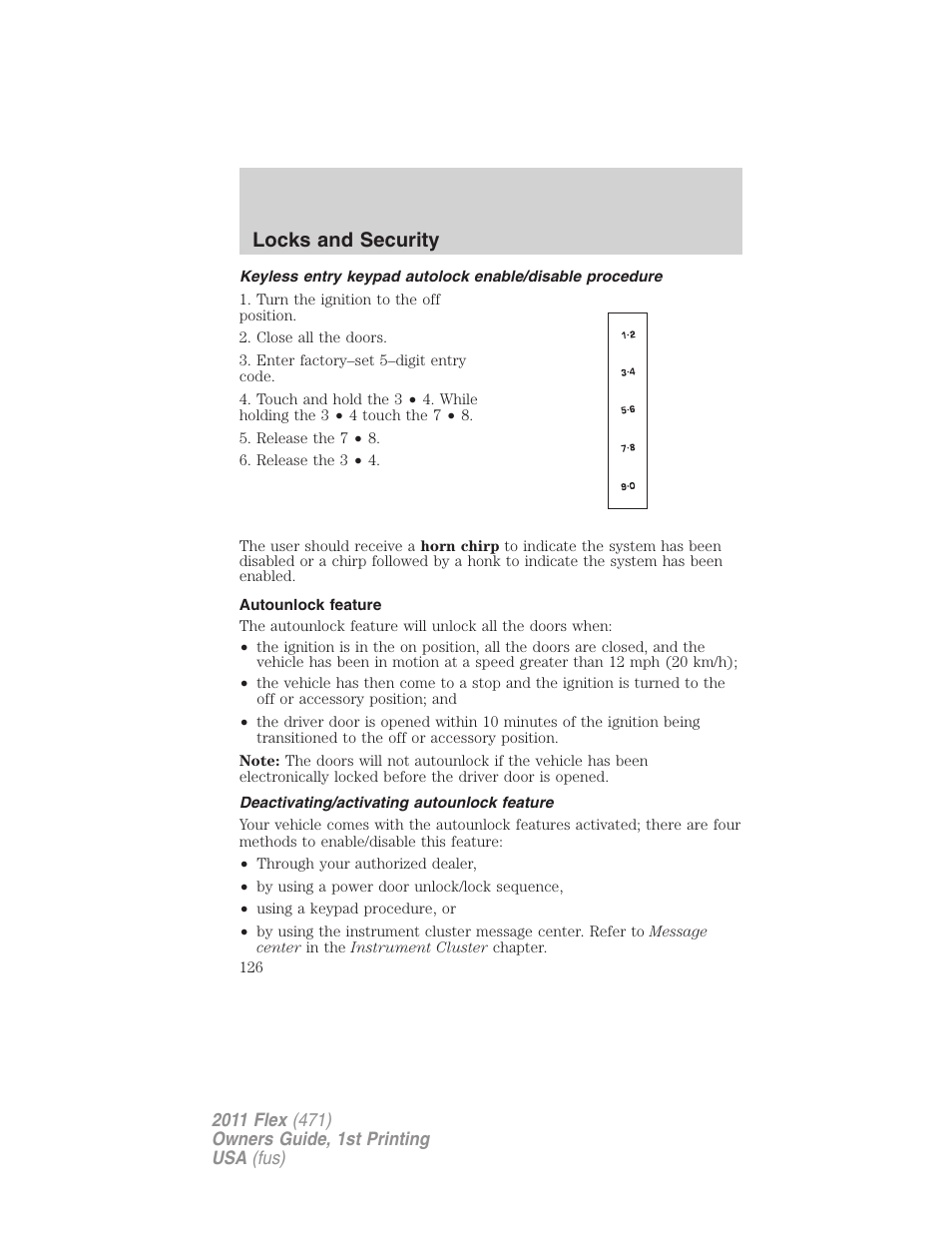 Autounlock feature, Deactivating/activating autounlock feature, Locks and security | FORD 2011 Flex v.1 User Manual | Page 126 / 418