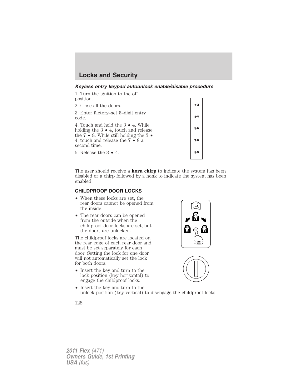 Childproof door locks, Locks and security | FORD 2011 Flex v.1 User Manual | Page 128 / 418