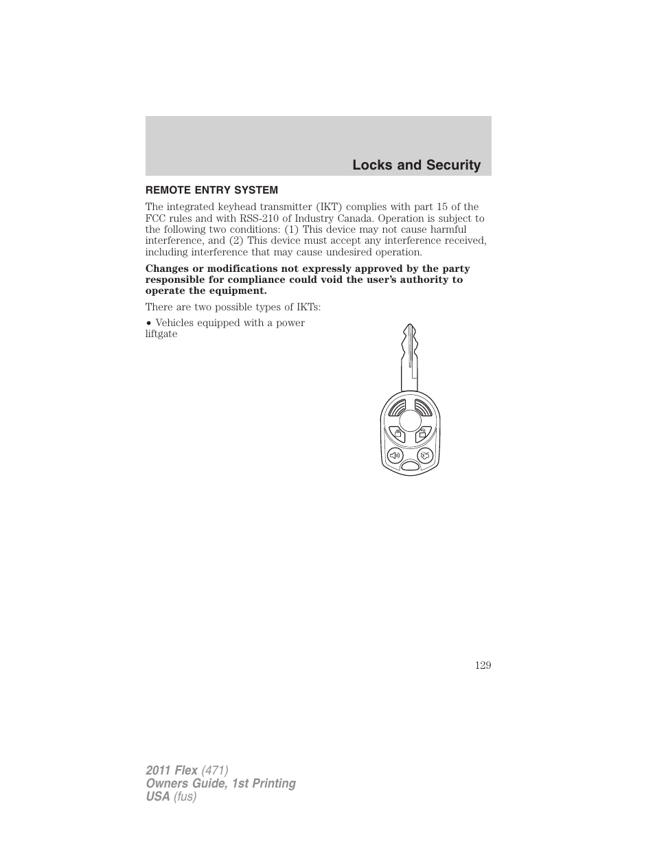 Remote entry system, Locks and security | FORD 2011 Flex v.1 User Manual | Page 129 / 418
