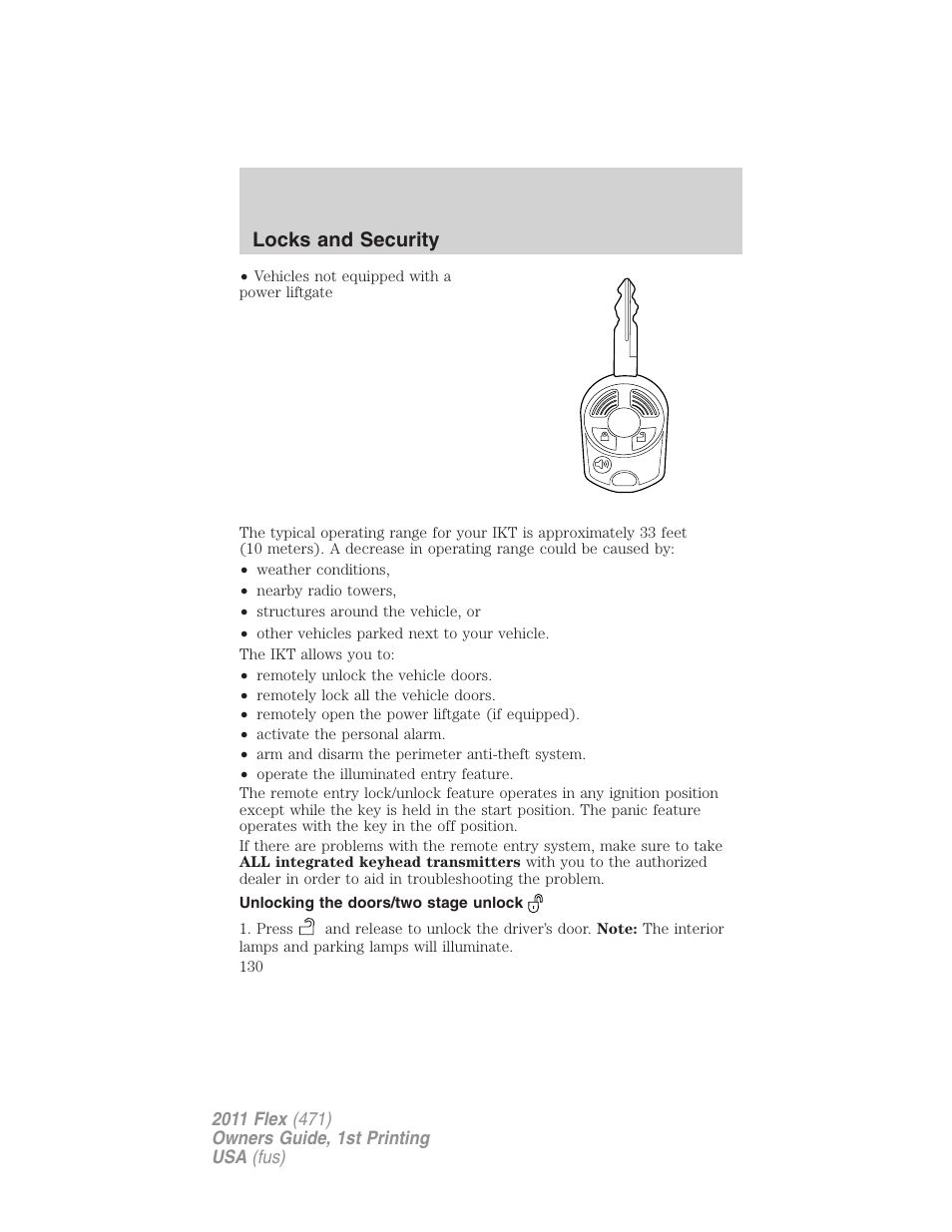 Unlocking the doors/two stage unlock, Locks and security | FORD 2011 Flex v.1 User Manual | Page 130 / 418