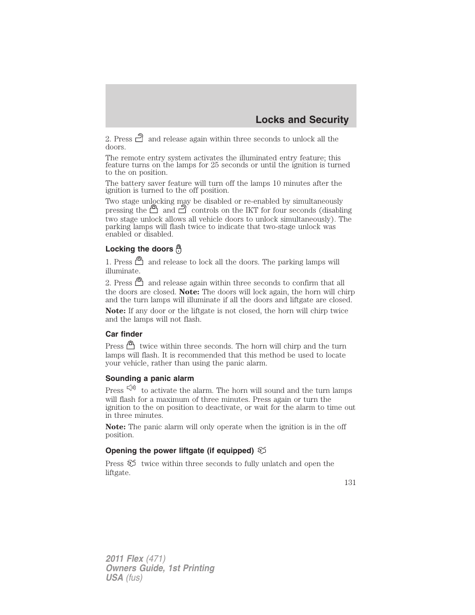 Locking the doors, Car finder, Sounding a panic alarm | Opening the power liftgate (if equipped), Locks and security | FORD 2011 Flex v.1 User Manual | Page 131 / 418