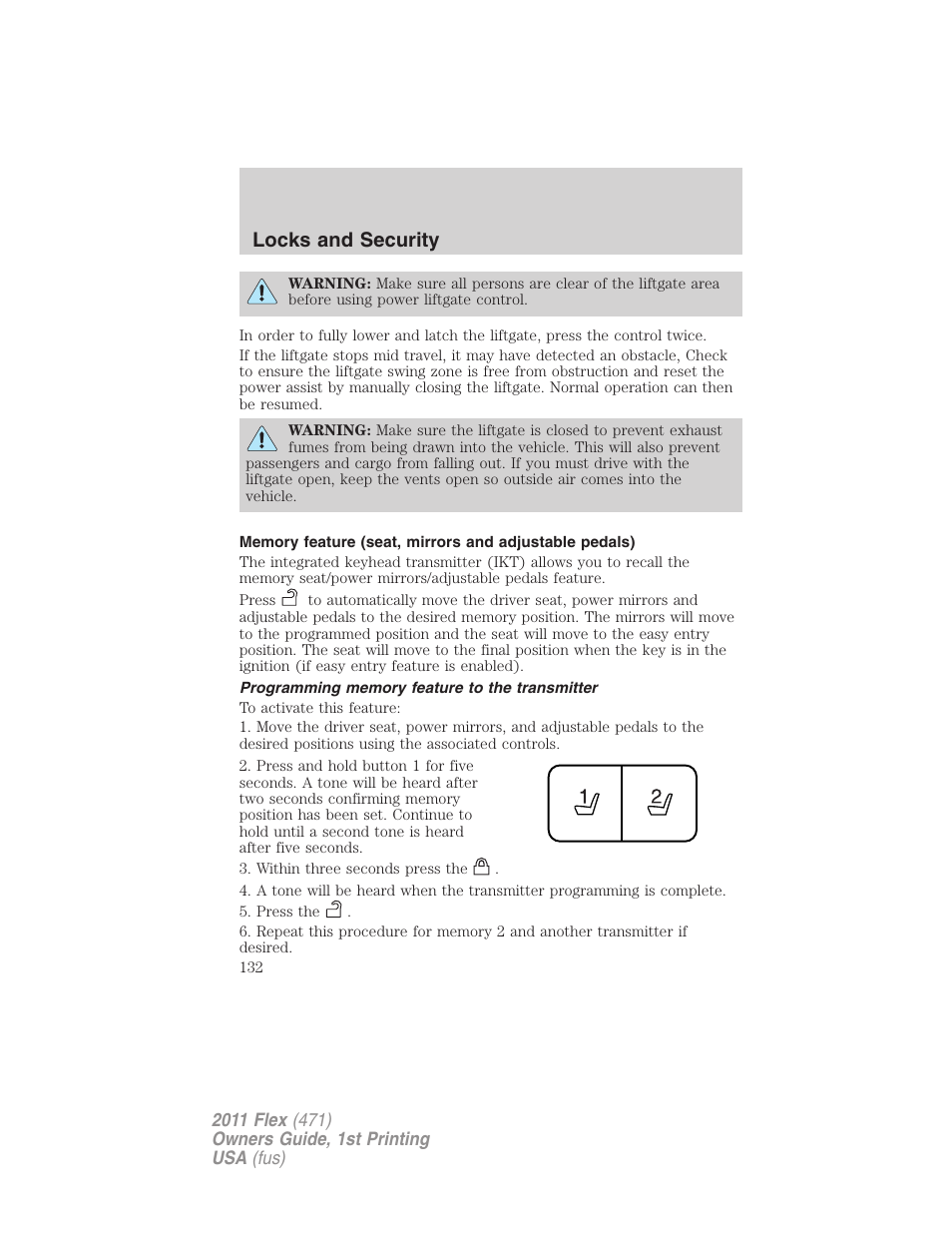 Programming memory feature to the transmitter, Locks and security | FORD 2011 Flex v.1 User Manual | Page 132 / 418