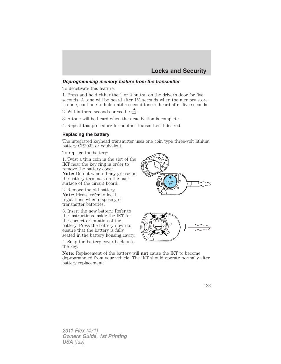 Deprogramming memory feature from the transmitter, Replacing the battery, Locks and security | FORD 2011 Flex v.1 User Manual | Page 133 / 418