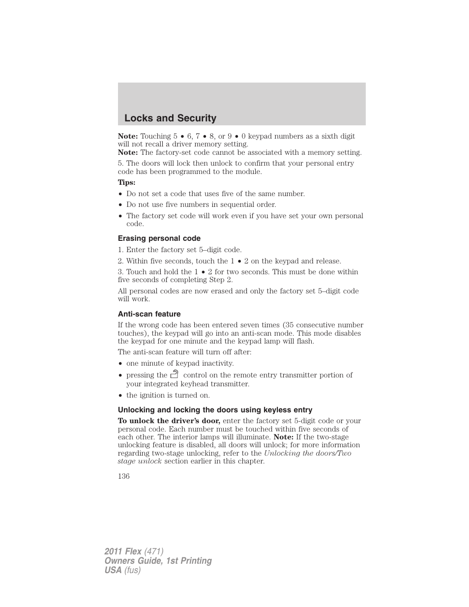 Erasing personal code, Anti-scan feature, Locks and security | FORD 2011 Flex v.1 User Manual | Page 136 / 418