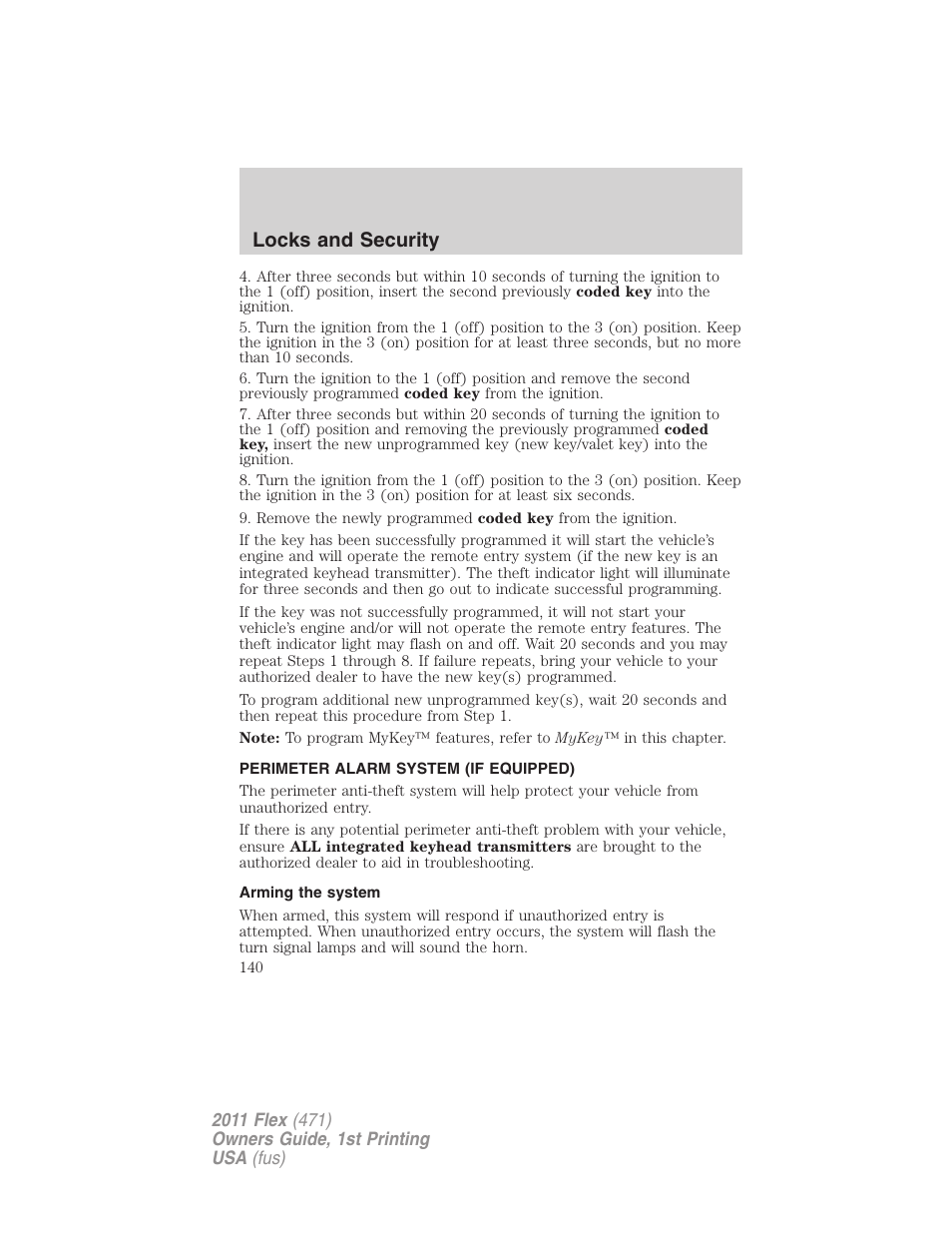 Perimeter alarm system (if equipped), Arming the system, Locks and security | FORD 2011 Flex v.1 User Manual | Page 140 / 418