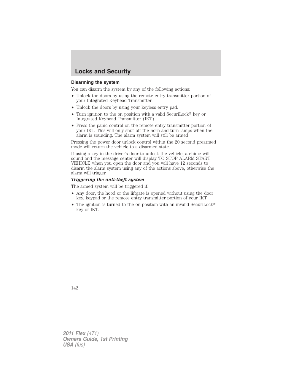 Disarming the system, Locks and security | FORD 2011 Flex v.1 User Manual | Page 142 / 418