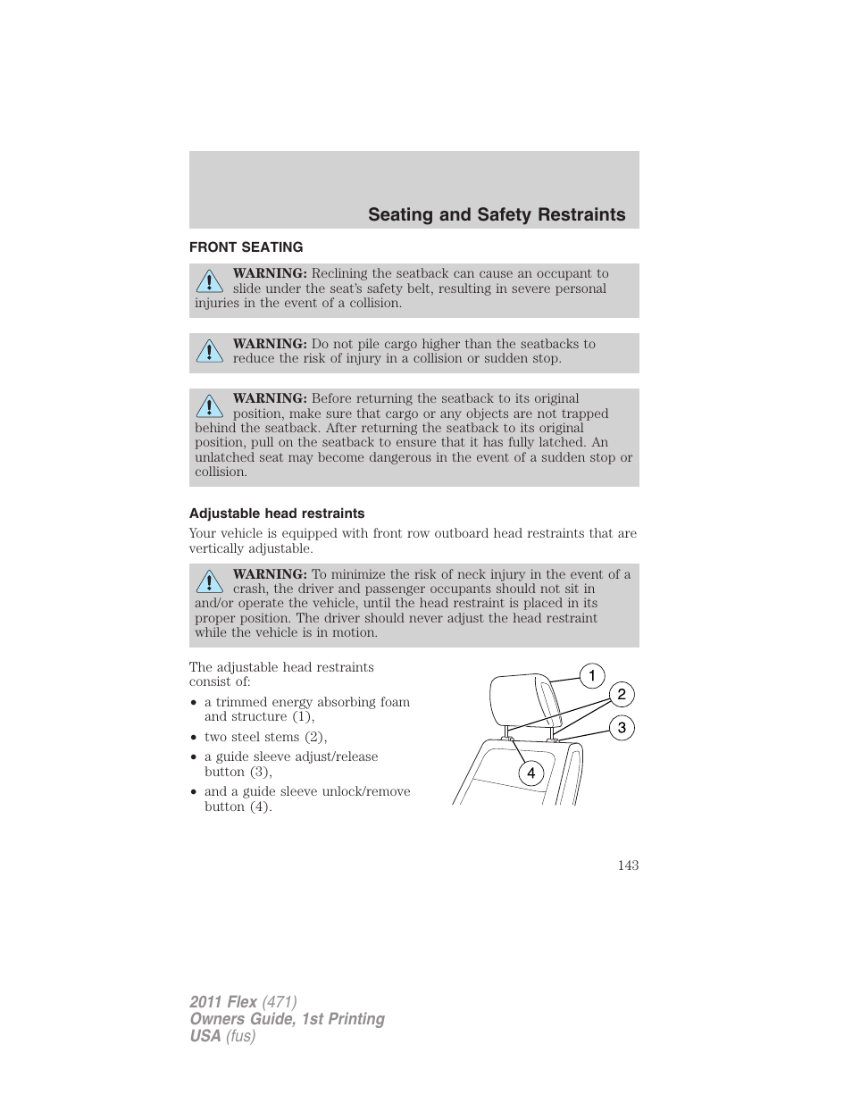 Seating and safety restraints, Front seating, Adjustable head restraints | Seating | FORD 2011 Flex v.1 User Manual | Page 143 / 418