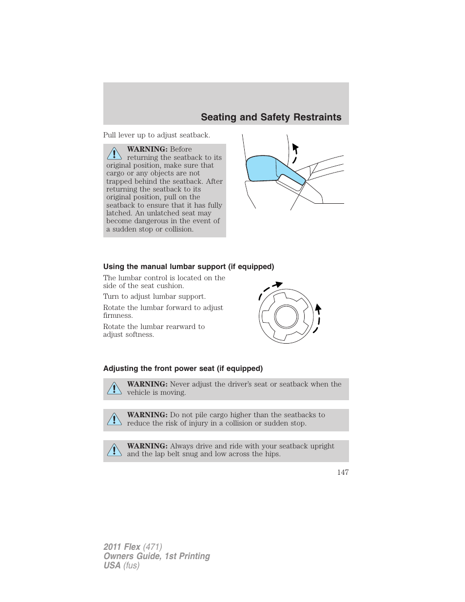 Using the manual lumbar support (if equipped), Adjusting the front power seat (if equipped), Seating and safety restraints | FORD 2011 Flex v.1 User Manual | Page 147 / 418