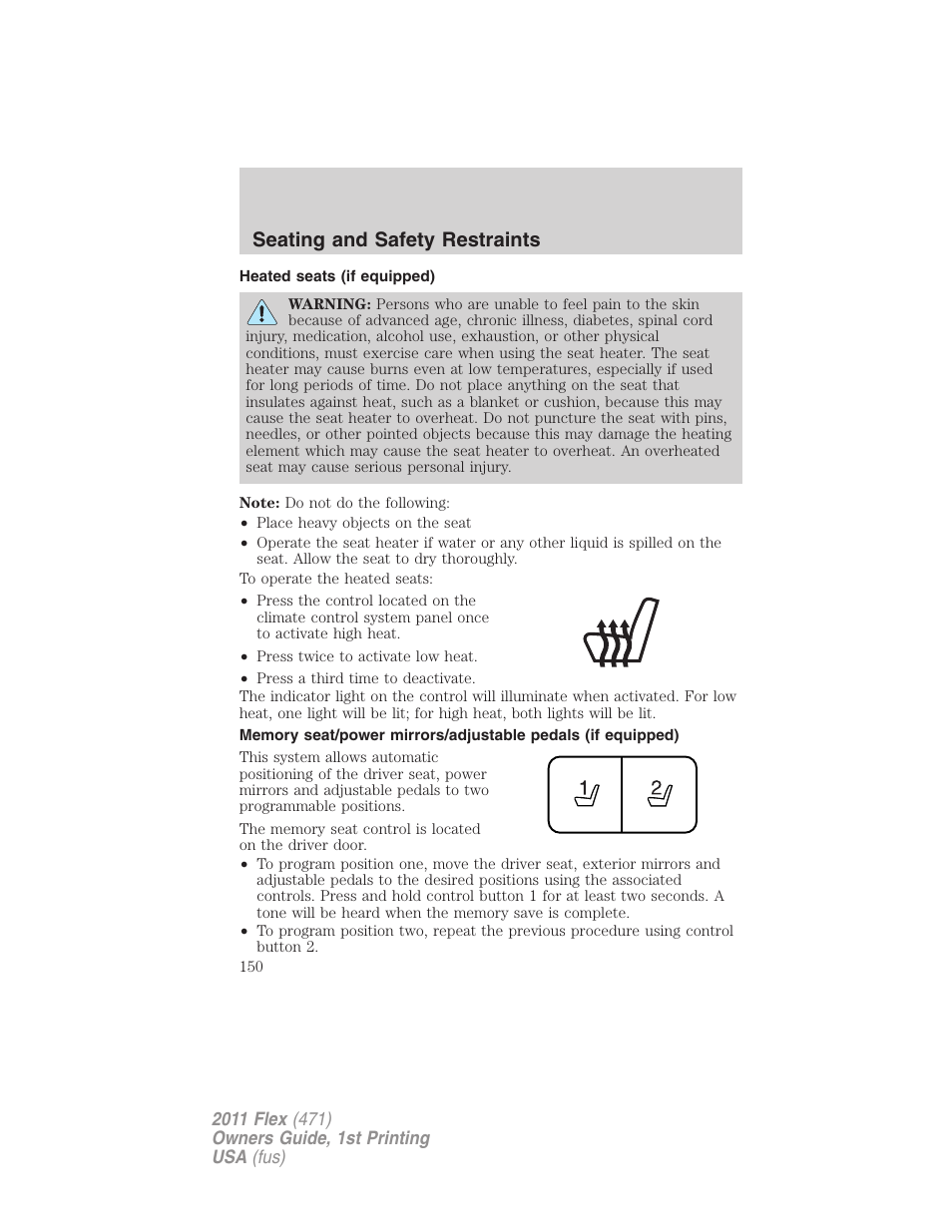 Heated seats (if equipped), Seating and safety restraints | FORD 2011 Flex v.1 User Manual | Page 150 / 418