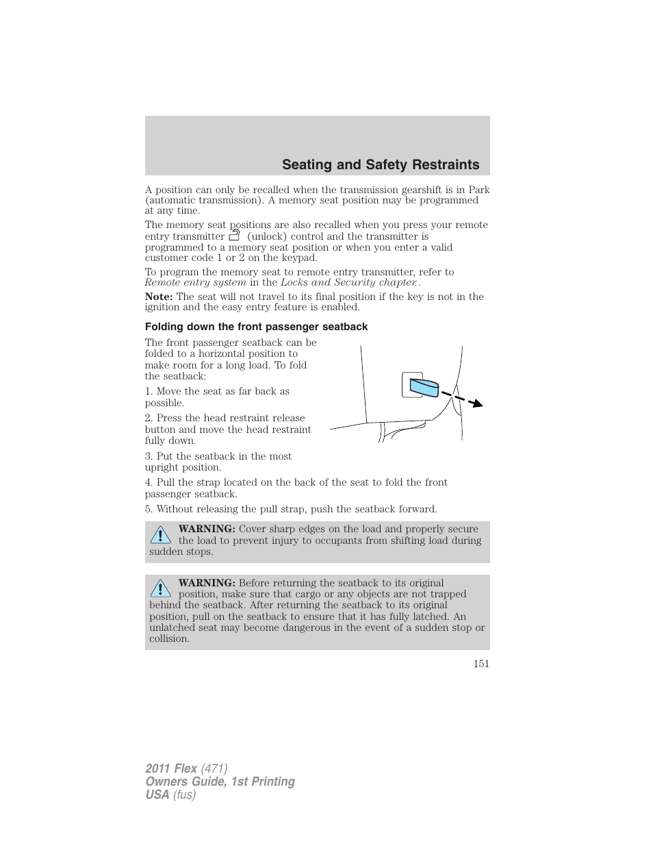 Folding down the front passenger seatback, Seating and safety restraints | FORD 2011 Flex v.1 User Manual | Page 151 / 418