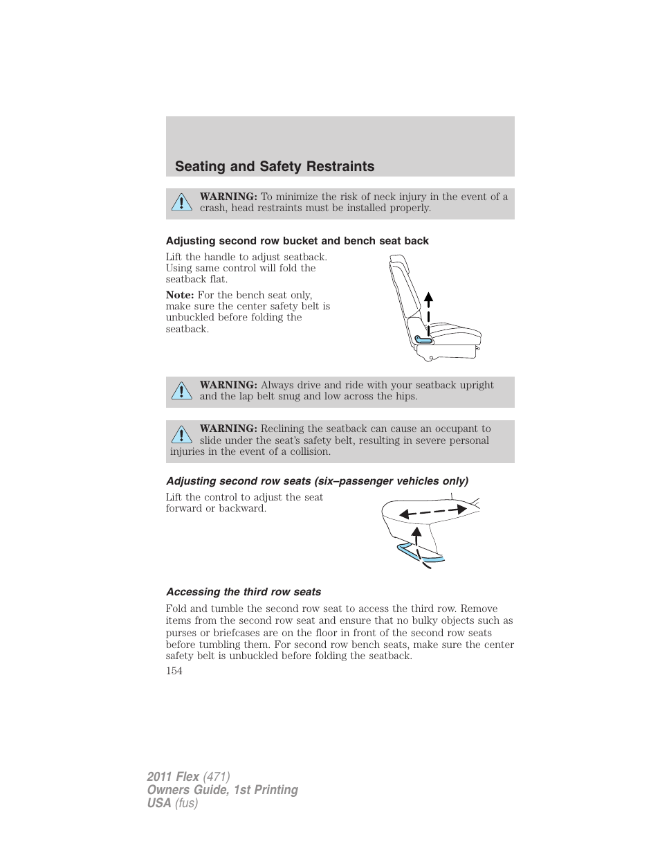 Adjusting second row bucket and bench seat back, Accessing the third row seats, Seating and safety restraints | FORD 2011 Flex v.1 User Manual | Page 154 / 418