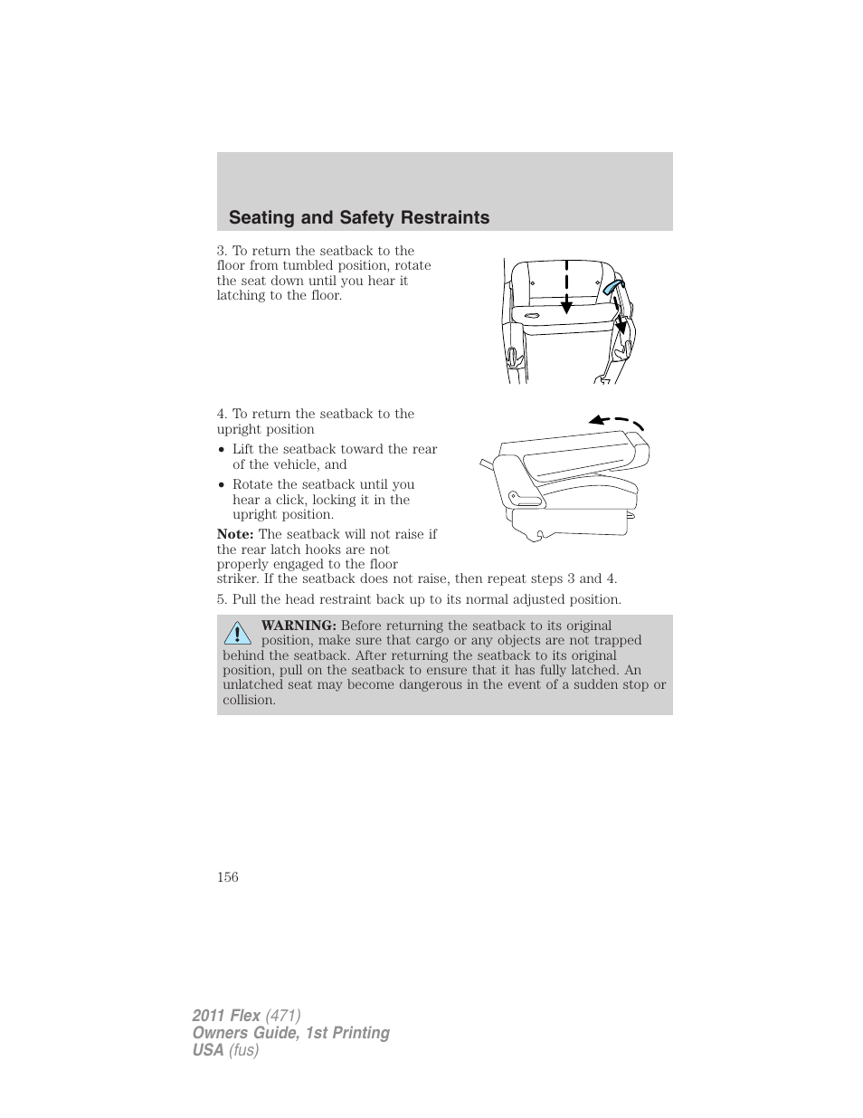 Seating and safety restraints | FORD 2011 Flex v.1 User Manual | Page 156 / 418