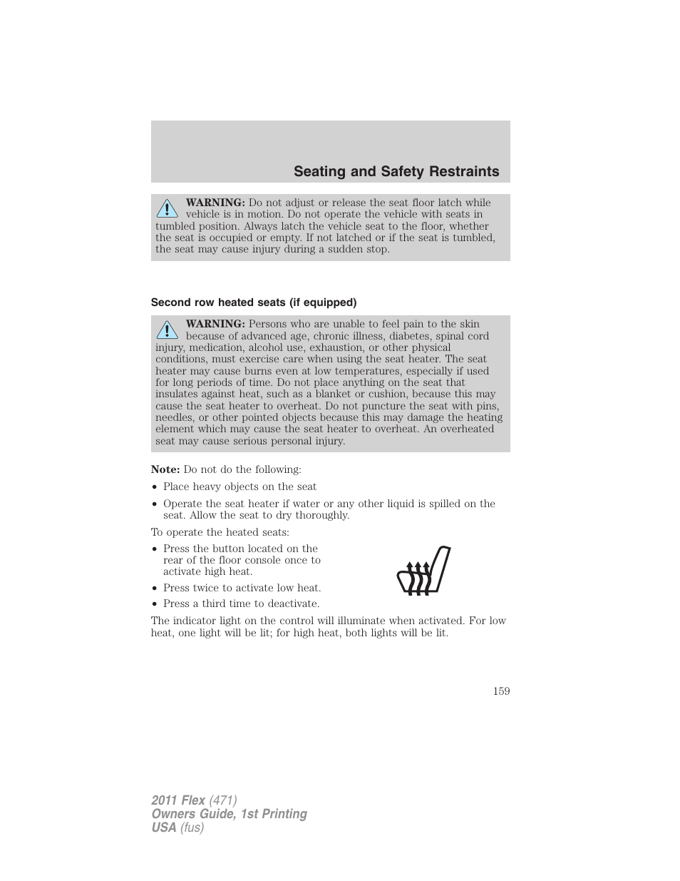 Second row heated seats (if equipped), Seating and safety restraints | FORD 2011 Flex v.1 User Manual | Page 159 / 418