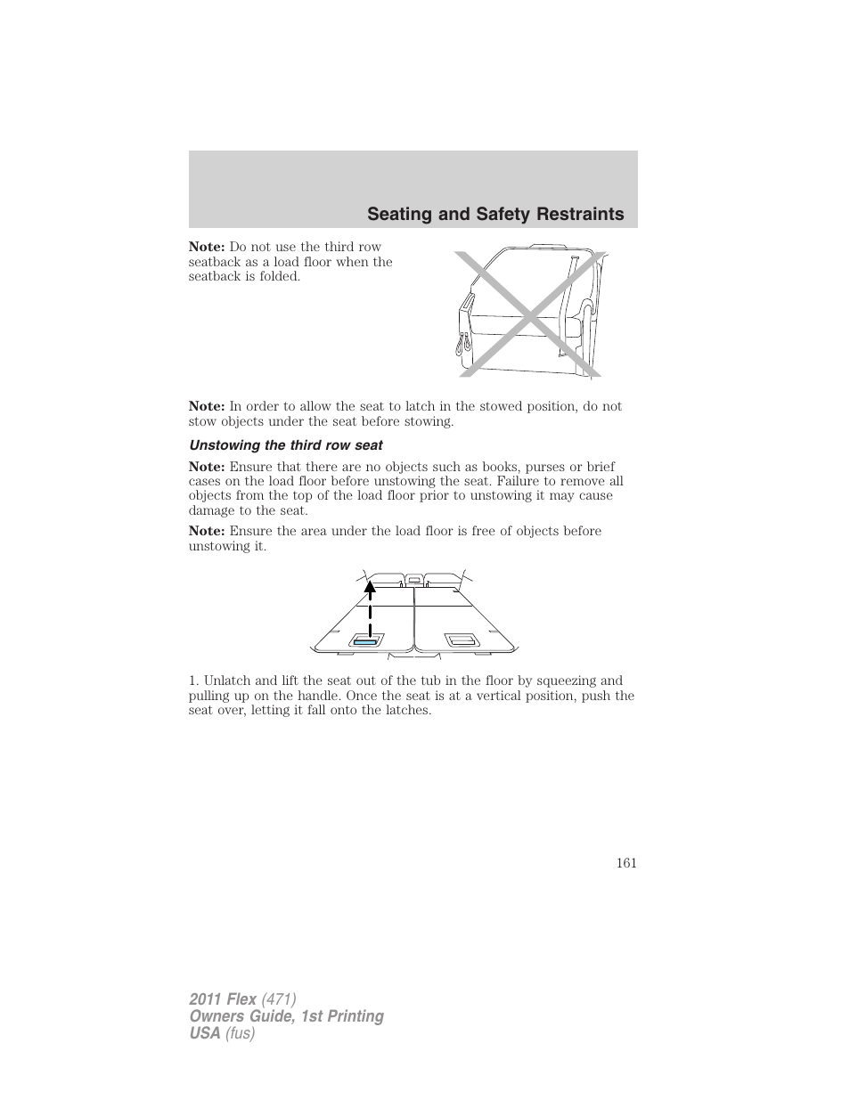 Unstowing the third row seat, Seating and safety restraints | FORD 2011 Flex v.1 User Manual | Page 161 / 418