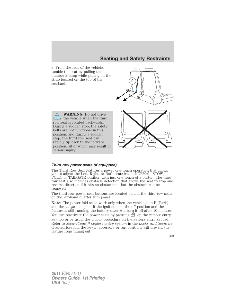 Third row power seats (if equipped), Seating and safety restraints | FORD 2011 Flex v.1 User Manual | Page 163 / 418