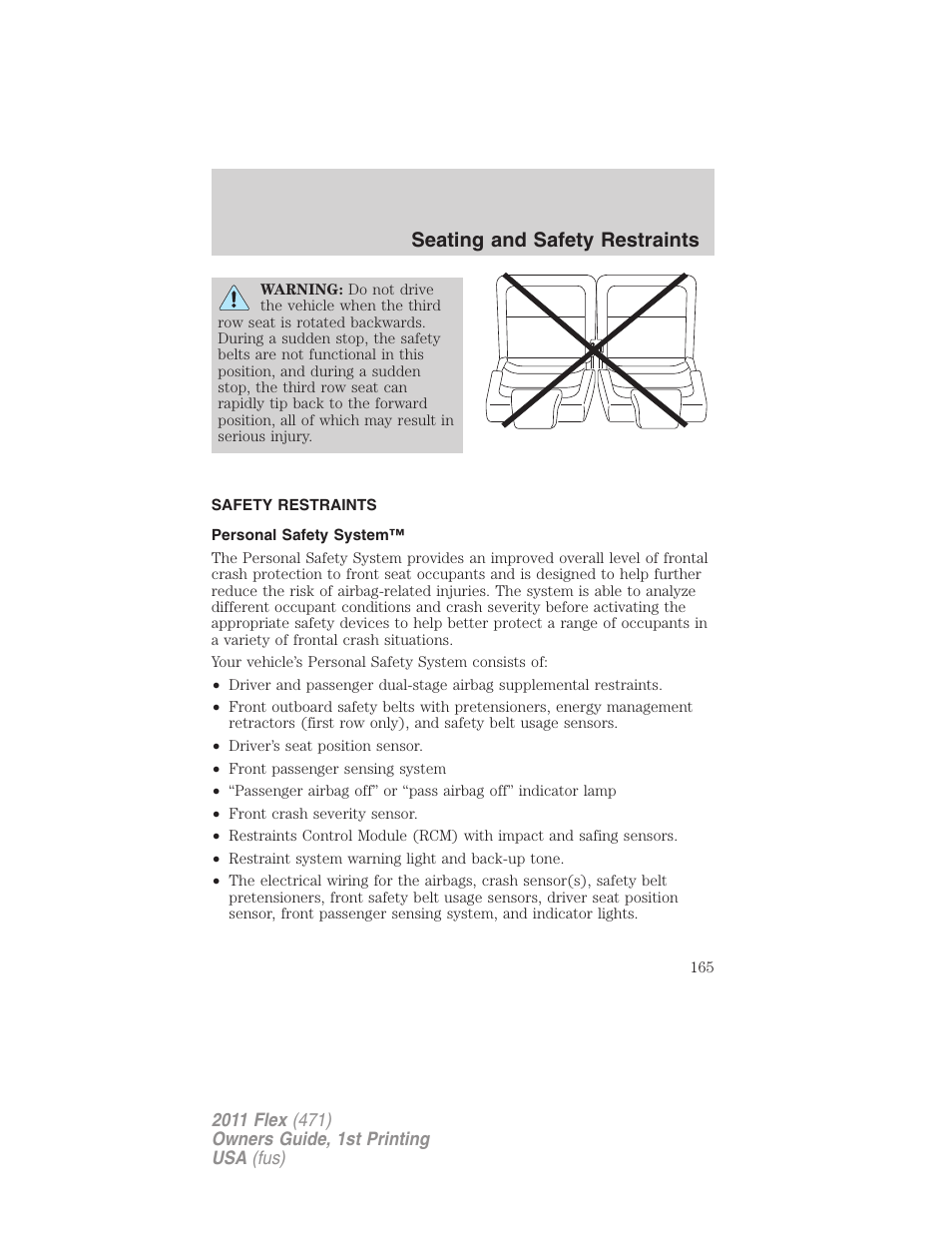 Safety restraints, Personal safety system, Seating and safety restraints | FORD 2011 Flex v.1 User Manual | Page 165 / 418
