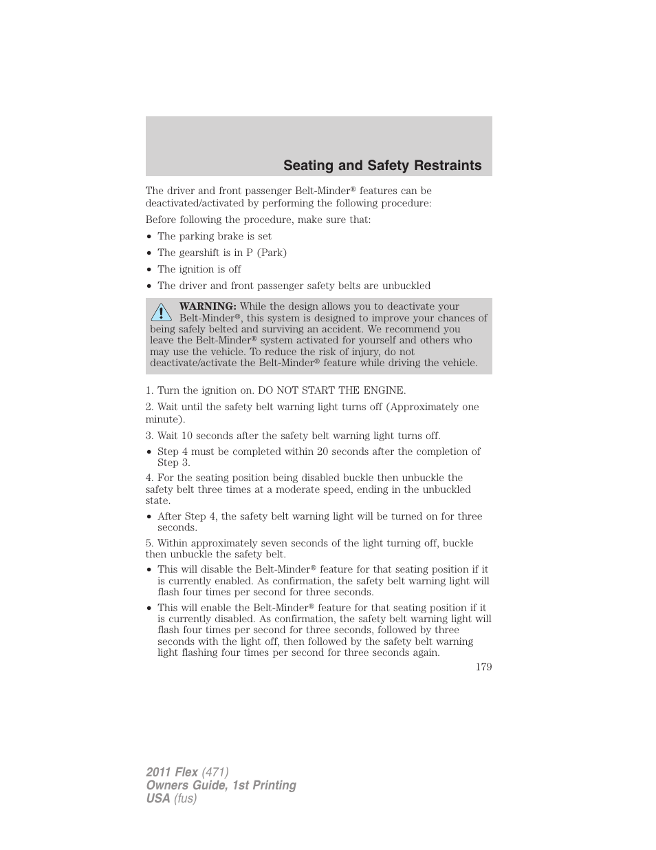 Seating and safety restraints | FORD 2011 Flex v.1 User Manual | Page 179 / 418
