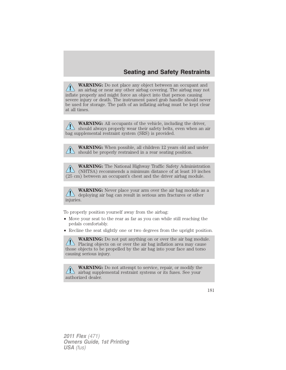 Seating and safety restraints | FORD 2011 Flex v.1 User Manual | Page 181 / 418