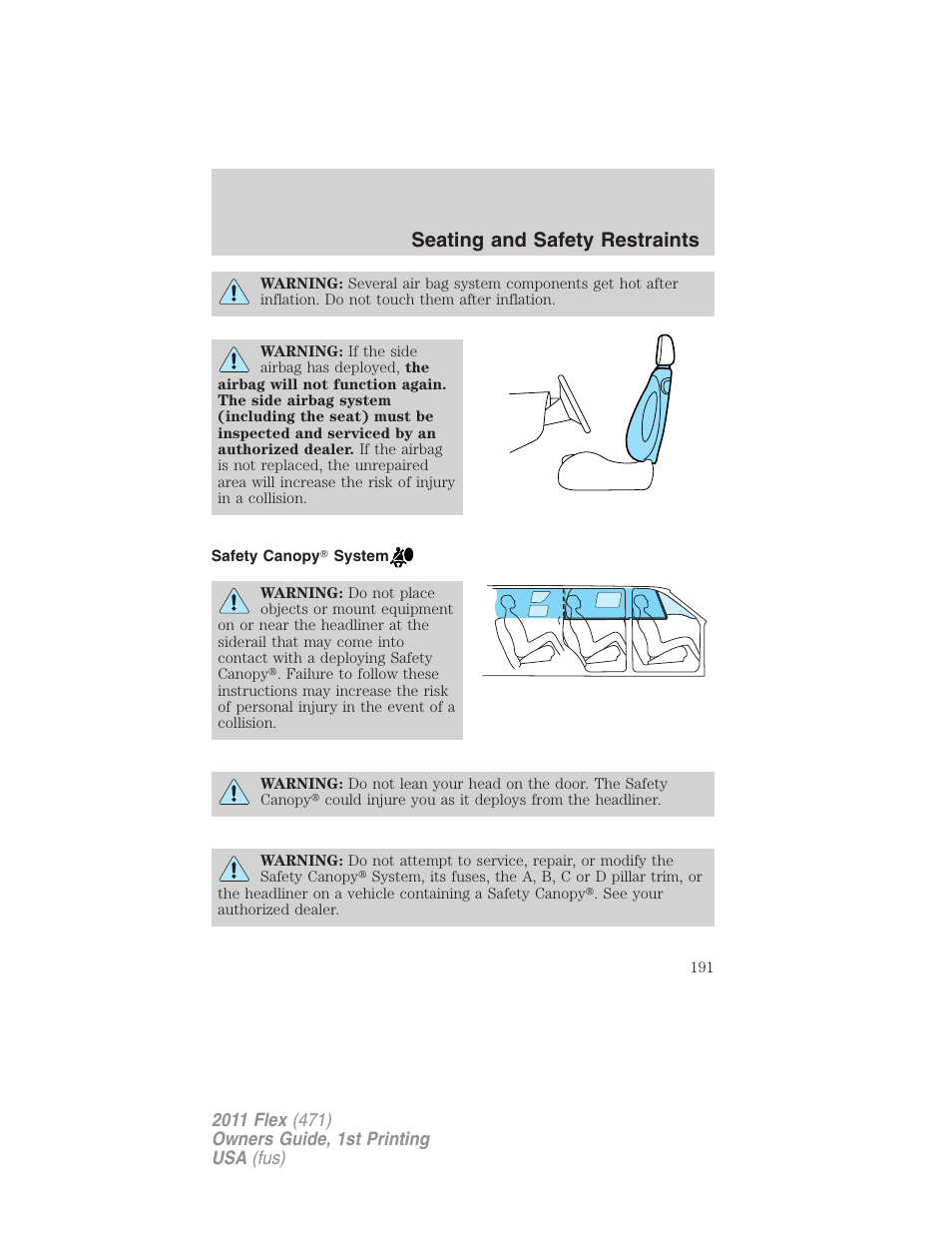 Safety canopy system, Seating and safety restraints | FORD 2011 Flex v.1 User Manual | Page 191 / 418