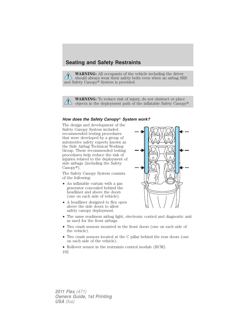 How does the safety canopy system work, Seating and safety restraints | FORD 2011 Flex v.1 User Manual | Page 192 / 418