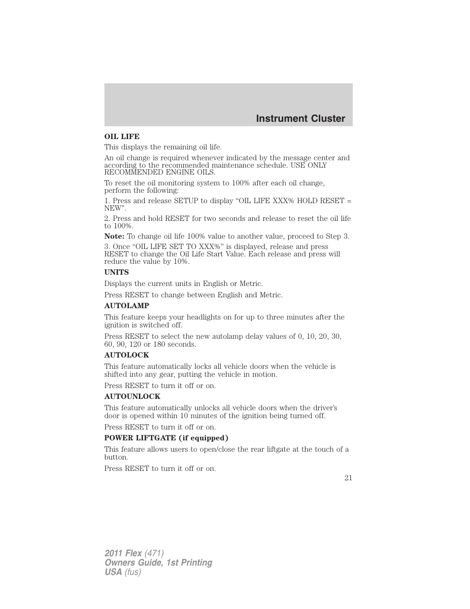 Instrument cluster | FORD 2011 Flex v.1 User Manual | Page 21 / 418