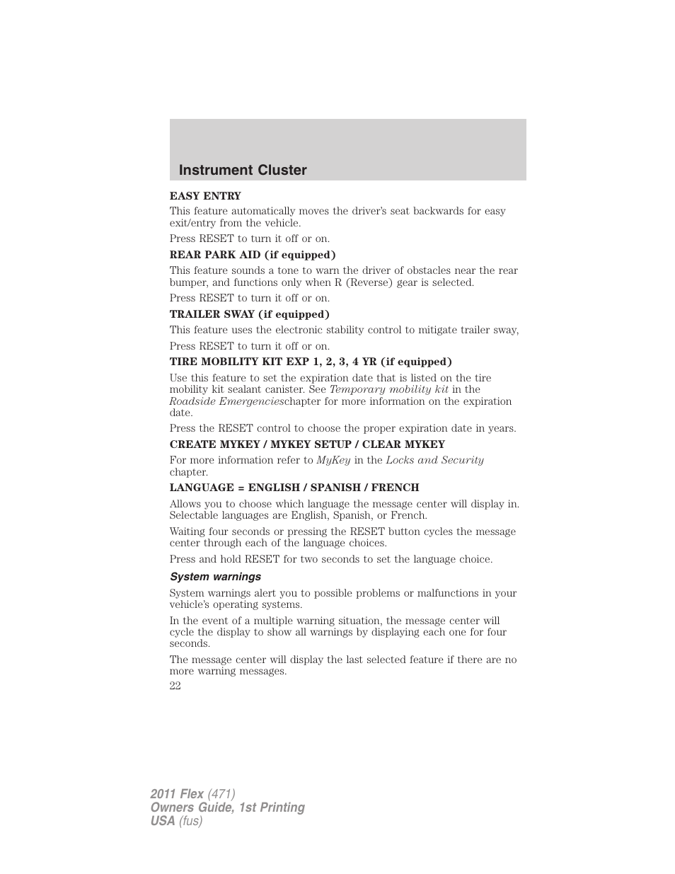 System warnings, Instrument cluster | FORD 2011 Flex v.1 User Manual | Page 22 / 418