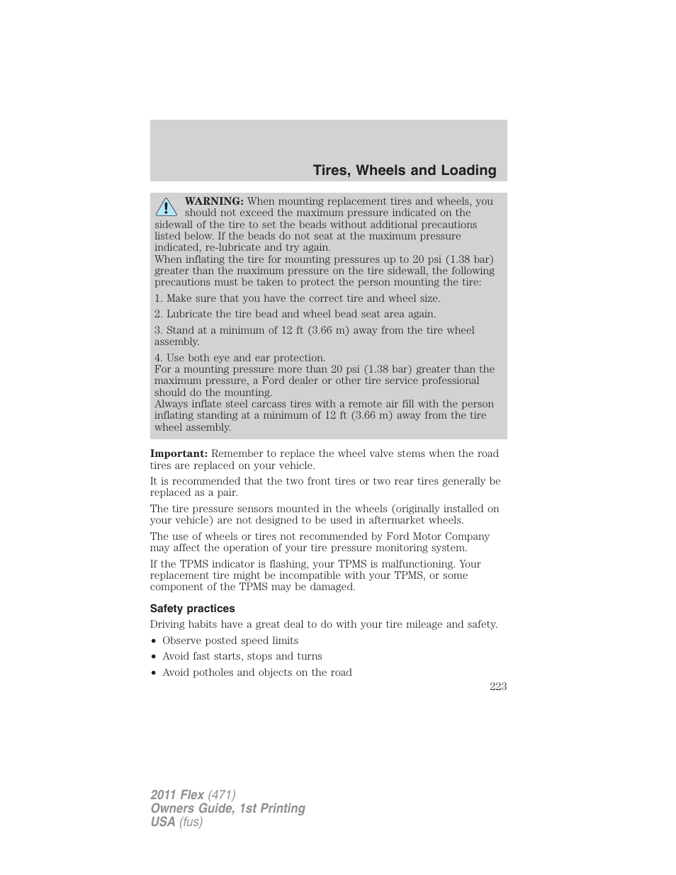 Safety practices, Tires, wheels and loading | FORD 2011 Flex v.1 User Manual | Page 223 / 418