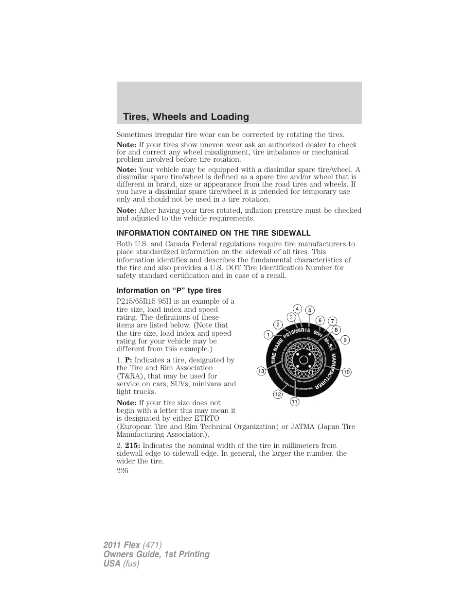 Information contained on the tire sidewall, Information on “p” type tires, Tires, wheels and loading | FORD 2011 Flex v.1 User Manual | Page 226 / 418