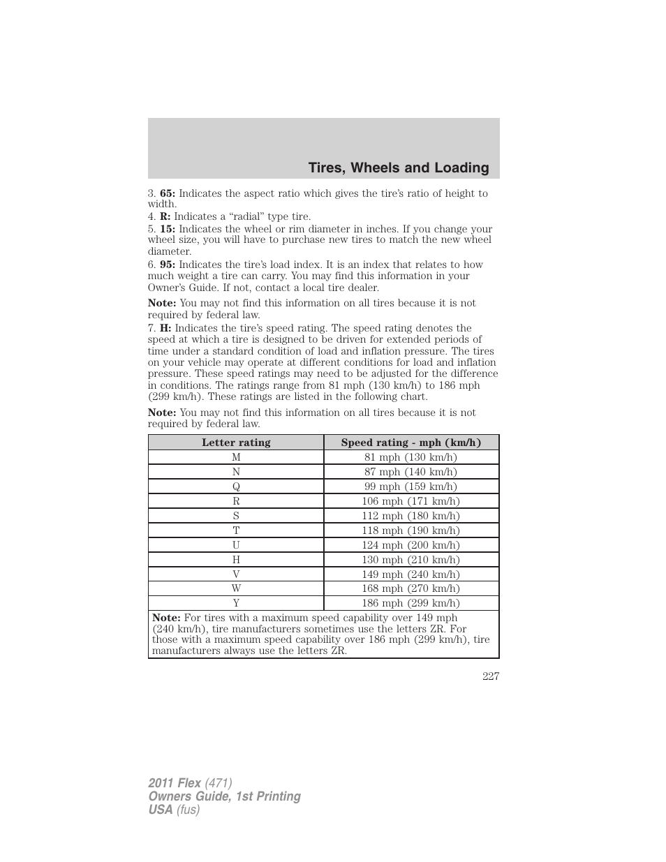 Tires, wheels and loading | FORD 2011 Flex v.1 User Manual | Page 227 / 418