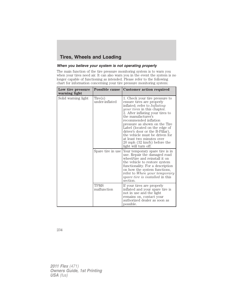 Tires, wheels and loading | FORD 2011 Flex v.1 User Manual | Page 234 / 418