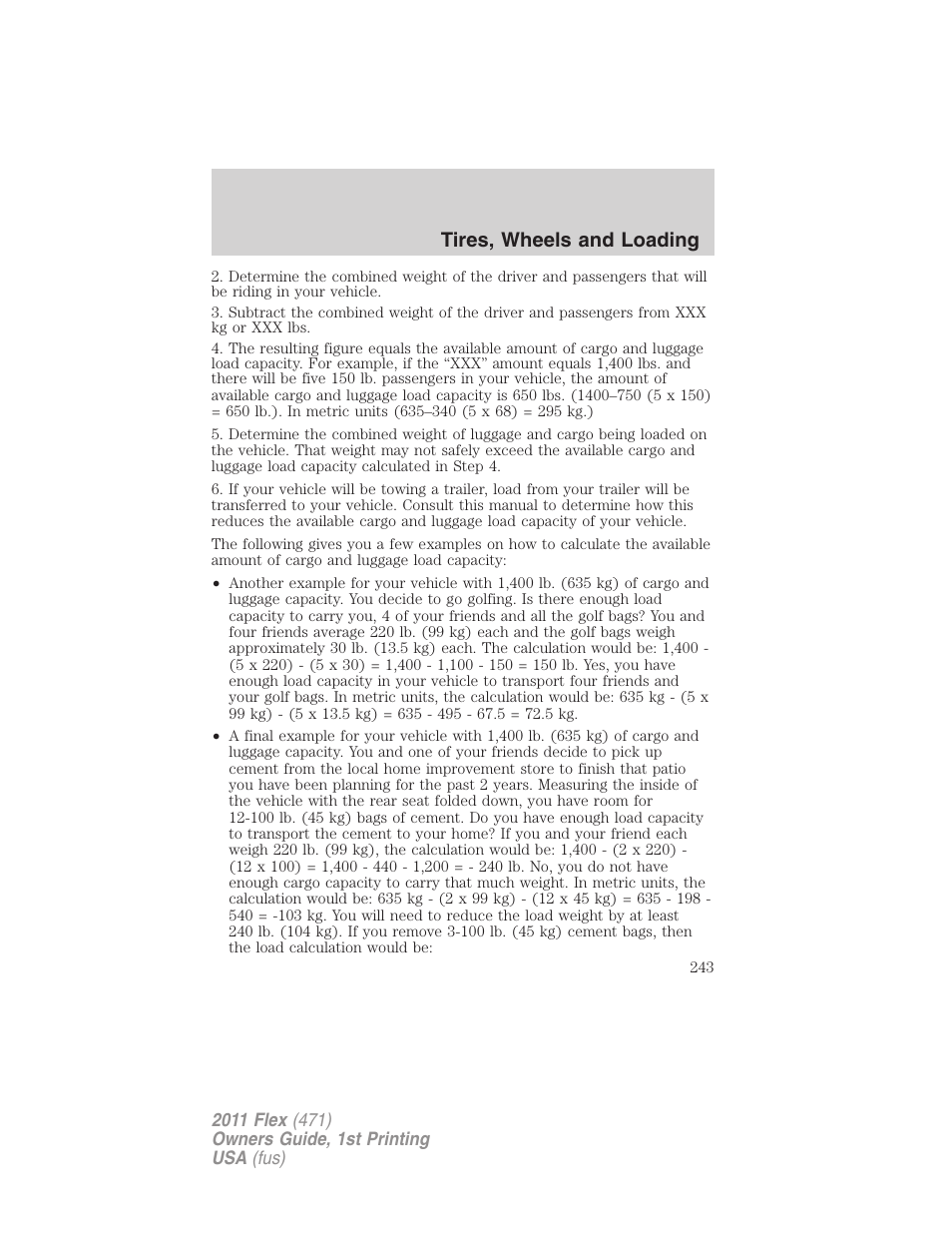 Tires, wheels and loading | FORD 2011 Flex v.1 User Manual | Page 243 / 418