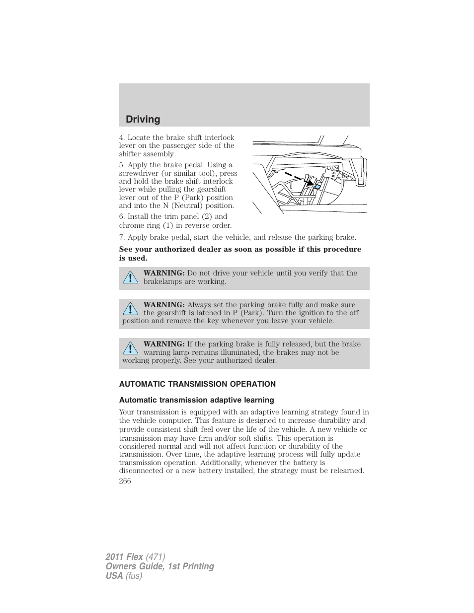 Automatic transmission operation, Automatic transmission adaptive learning, Transmission operation | Driving | FORD 2011 Flex v.1 User Manual | Page 266 / 418