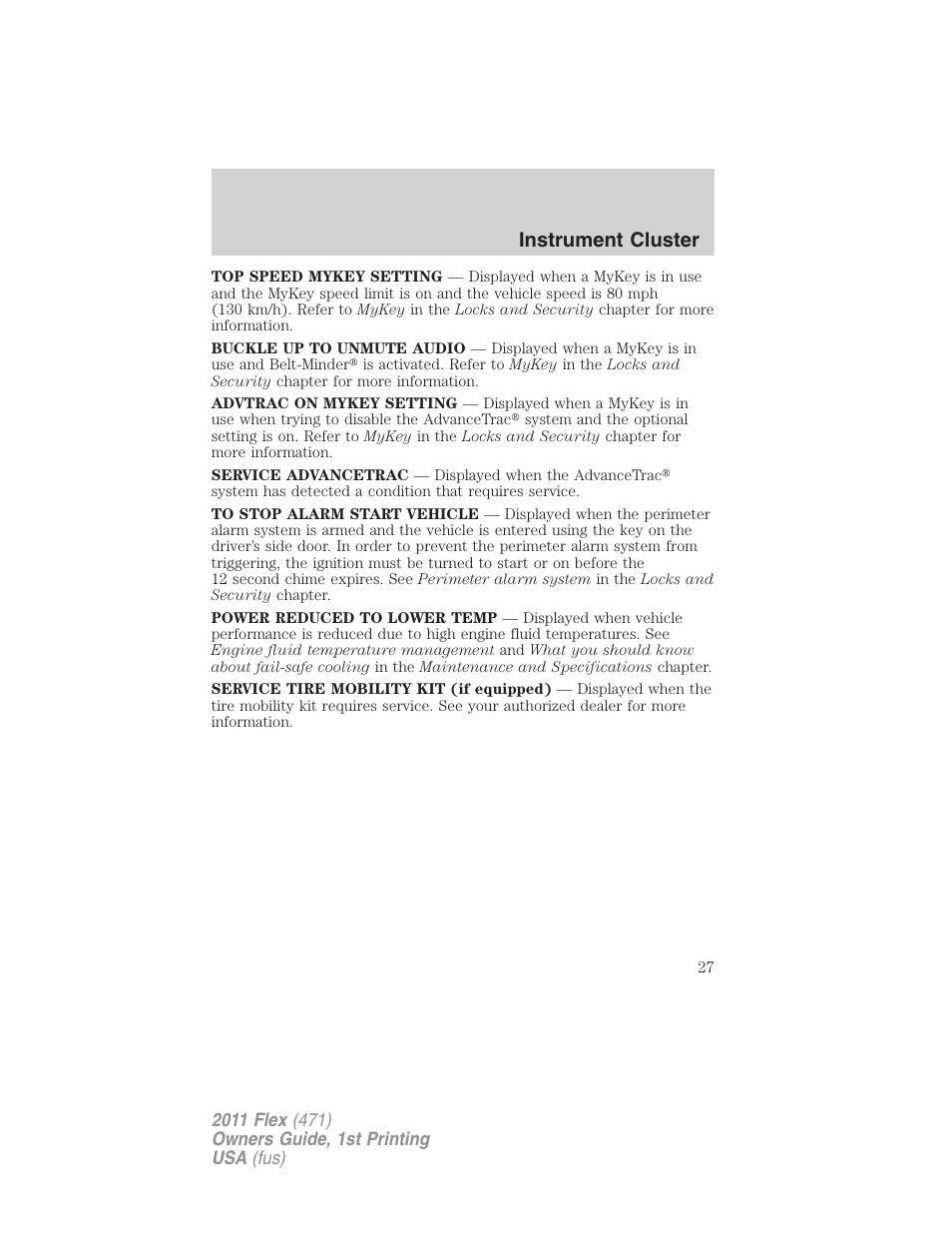 Instrument cluster | FORD 2011 Flex v.1 User Manual | Page 27 / 418