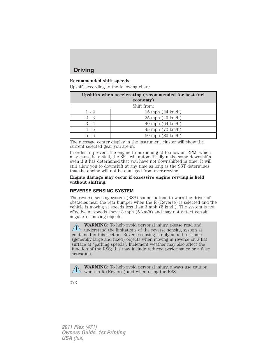 Reverse sensing system, Driving | FORD 2011 Flex v.1 User Manual | Page 272 / 418