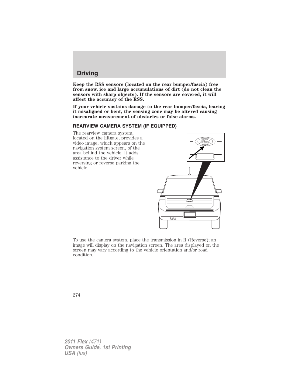 Rearview camera system (if equipped), Rear-view camera system, Driving | FORD 2011 Flex v.1 User Manual | Page 274 / 418