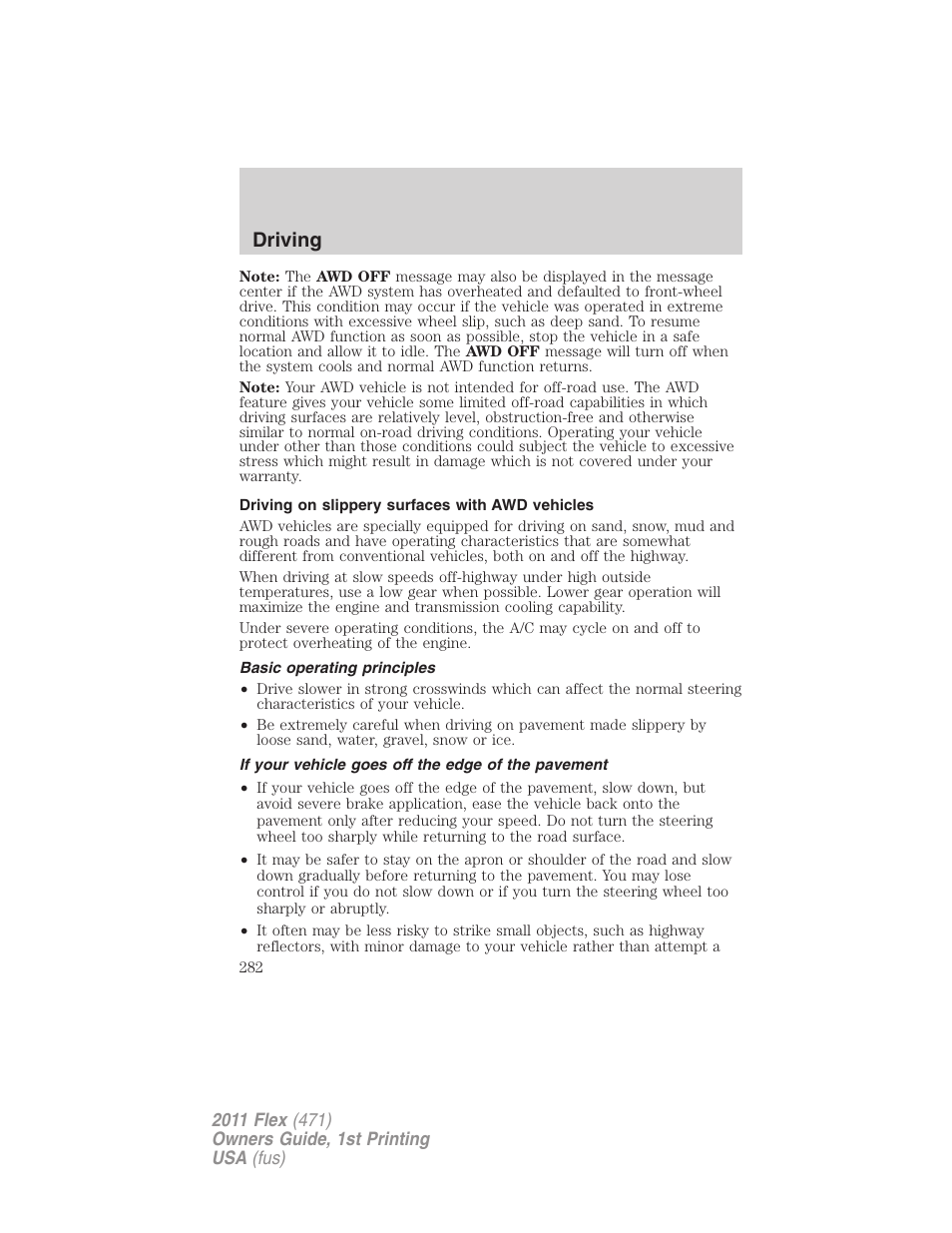 Driving on slippery surfaces with awd vehicles, Basic operating principles, If your vehicle goes off the edge of the pavement | Driving | FORD 2011 Flex v.1 User Manual | Page 282 / 418