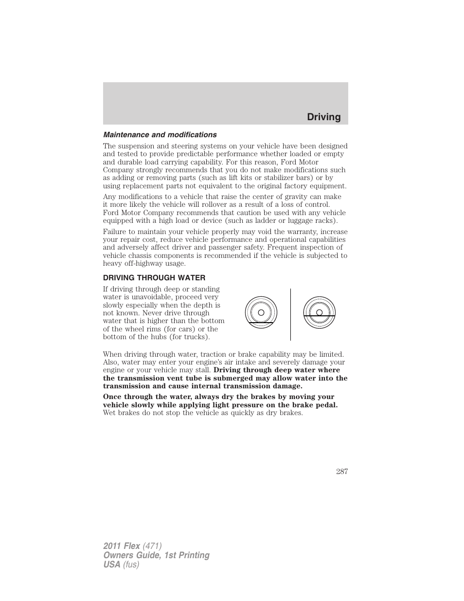 Maintenance and modifications, Driving through water, Driving | FORD 2011 Flex v.1 User Manual | Page 287 / 418