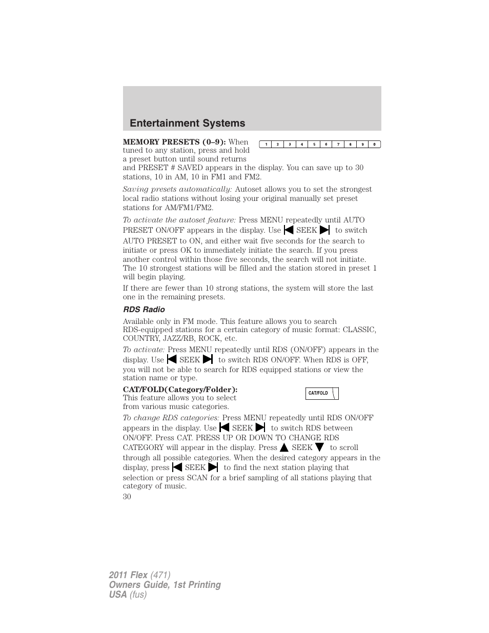 Rds radio, Entertainment systems | FORD 2011 Flex v.1 User Manual | Page 30 / 418