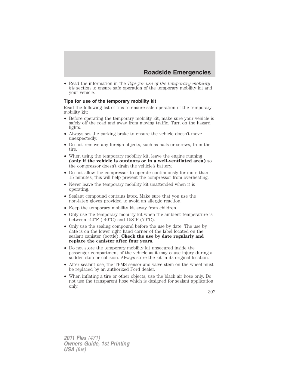 Tips for use of the temporary mobility kit, Roadside emergencies | FORD 2011 Flex v.1 User Manual | Page 307 / 418