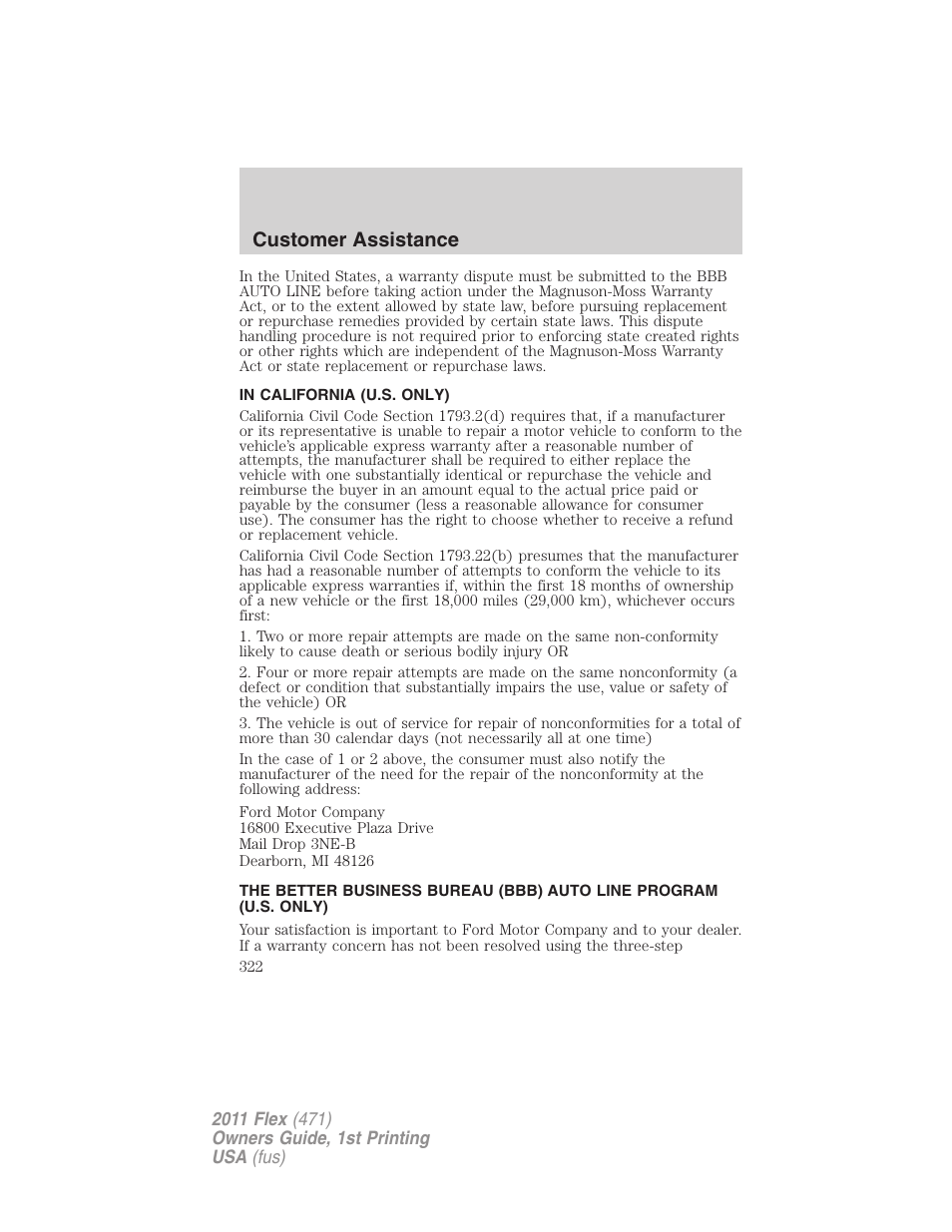 In california (u.s. only), Customer assistance | FORD 2011 Flex v.1 User Manual | Page 322 / 418