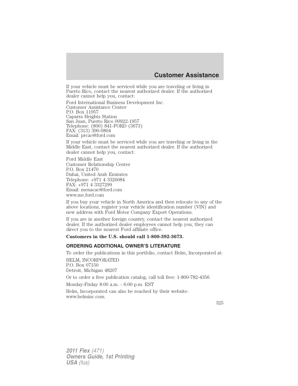 Ordering additional owner’s literature, Customer assistance | FORD 2011 Flex v.1 User Manual | Page 325 / 418