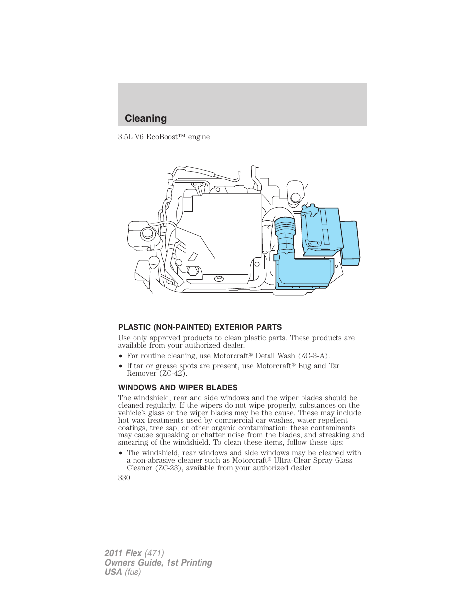 Plastic (non-painted) exterior parts, Windows and wiper blades, Cleaning | FORD 2011 Flex v.1 User Manual | Page 330 / 418