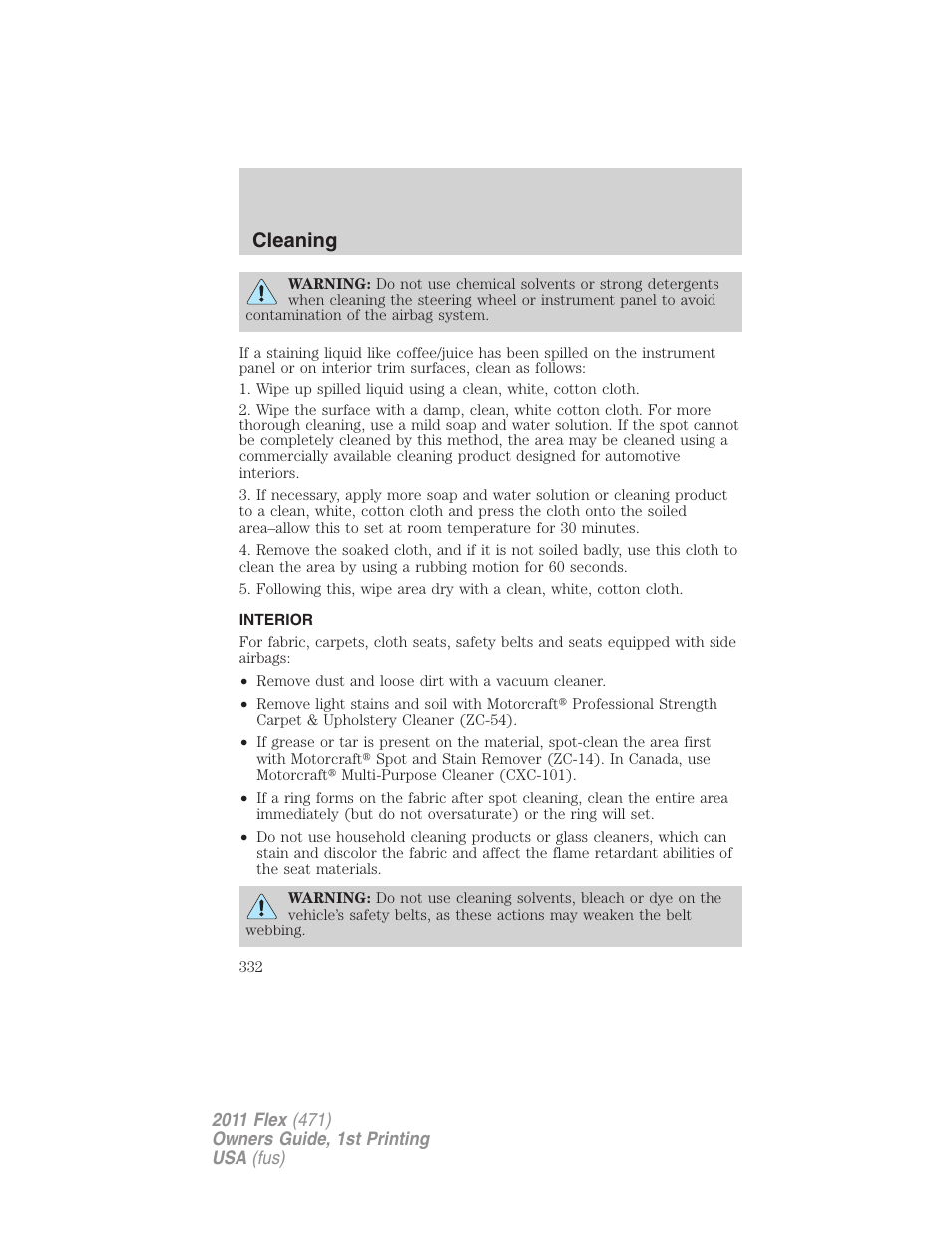 Interior, Cleaning | FORD 2011 Flex v.1 User Manual | Page 332 / 418